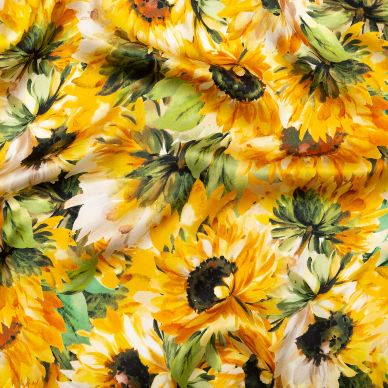 1 Yard Yellow and Green Sunflowers Digitally Printed Painterly Silk Charmeuse Fabric 55 inch Width